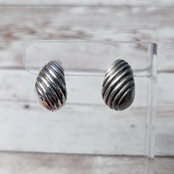 Vintage Clip On Earrings Silver Tone Half Hoops - One Darker - Picture 1 of 13